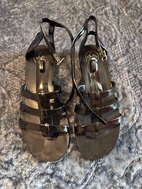 BCBG Black Patent Strappy Flat Sandals